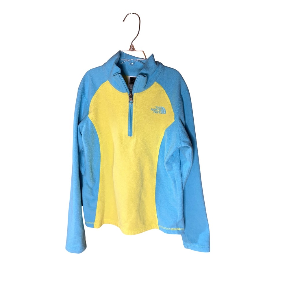 The North Face Girls Blue Yellow TKA 100 Fleece 1/4 Zip Pullover Size S 7/8